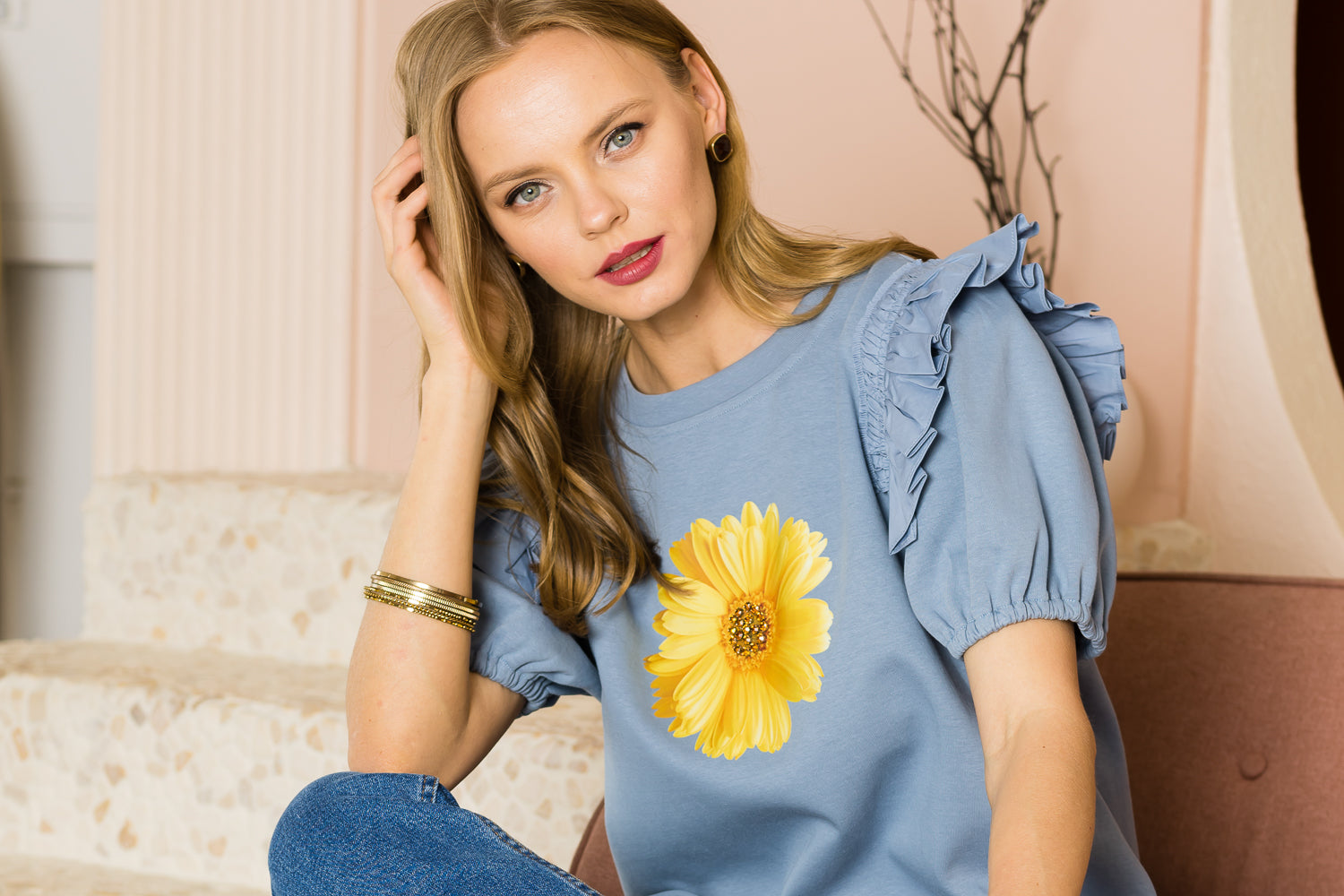 Kenna Prima Cotton Knit & Sunflower with Gold Sparkling Studs