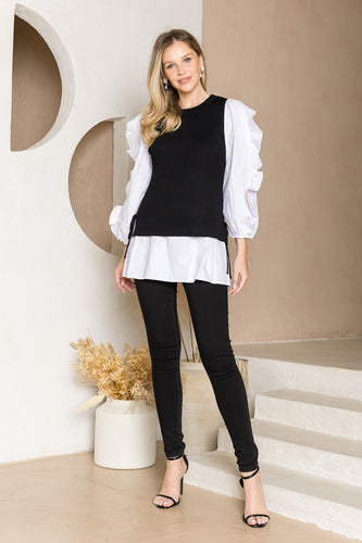 Wanelle Top with Ruffled Sleeves & Detachable Knitted Sweater Vest