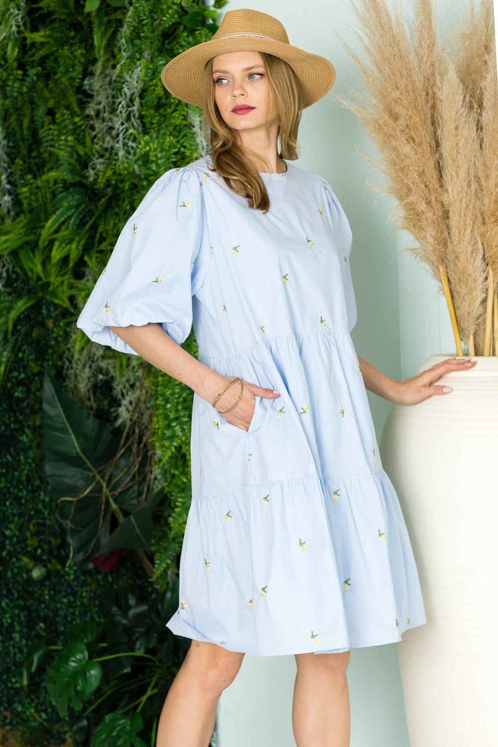 Weslee Cotton Poplin Dress with Embroidered Summer Flowers