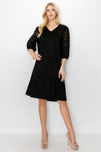 Angie Suede Dress with Crochet Lace Sleeves