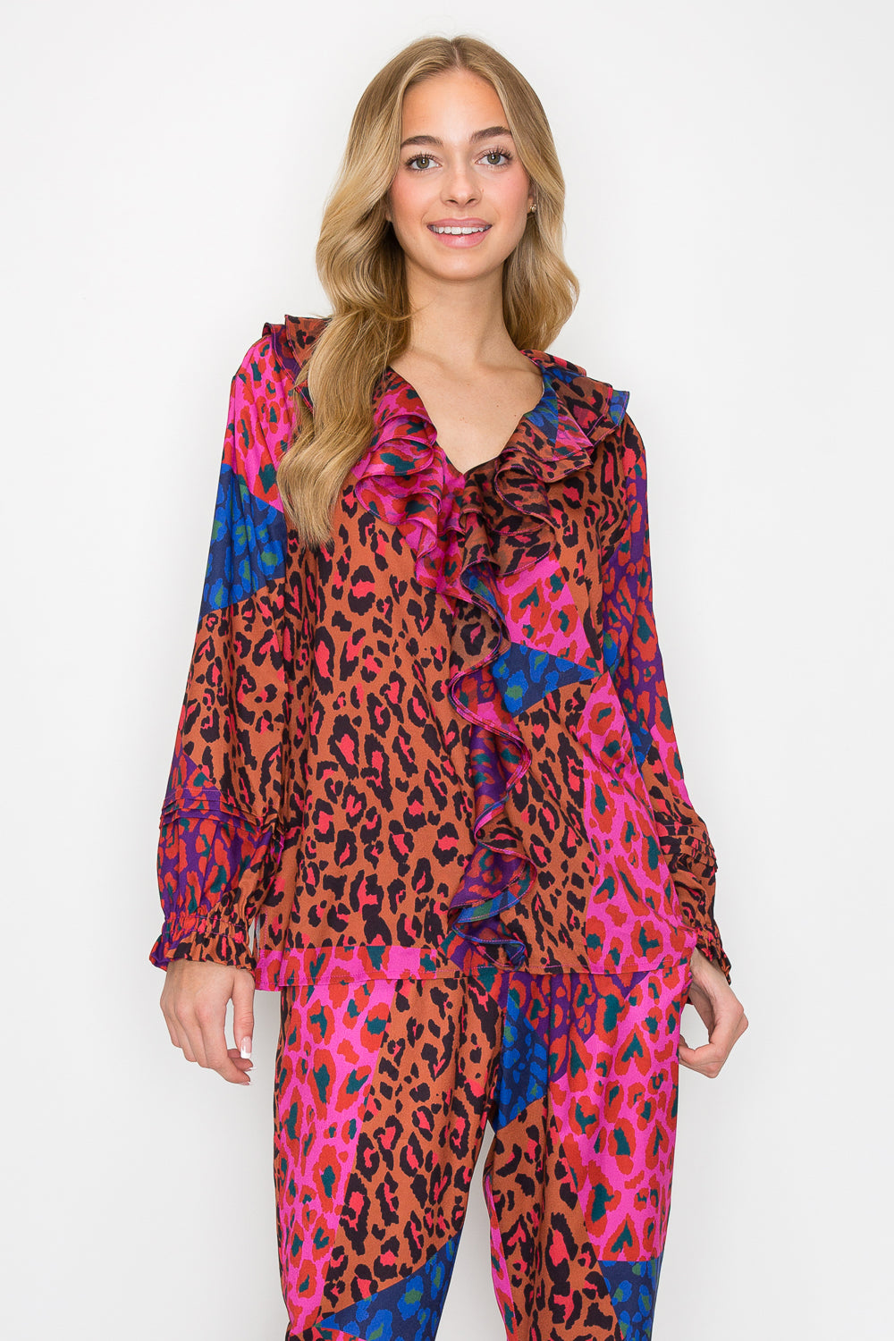 Wanice Cascade Ruffle Printed Charmeuse Top