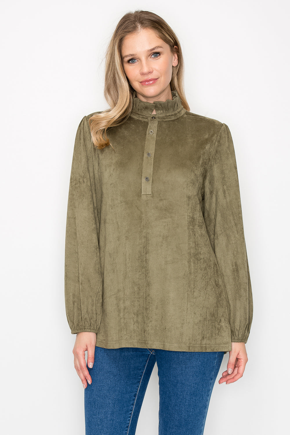 Willabella Suede Top with Ruffled Collar