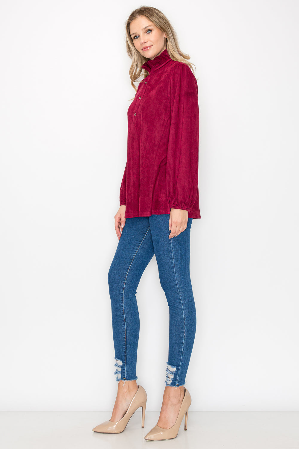 Willabella Suede Top with Ruffled Collar