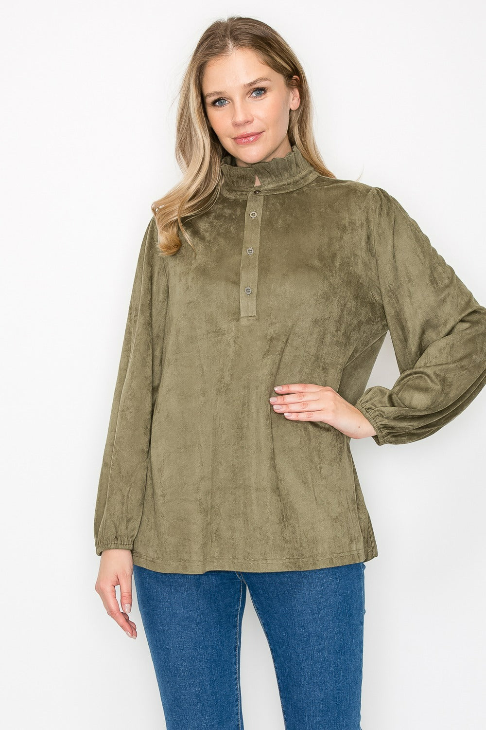 Willabella Suede Top with Ruffled Collar