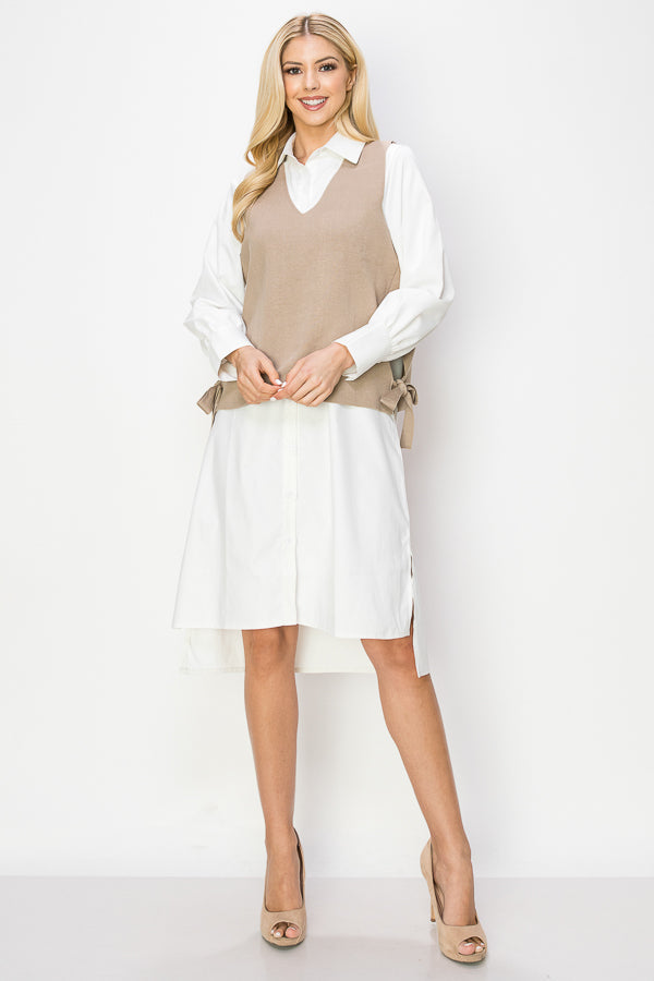 Whema Woven Shirt Dress with Detachable Sweater Knitted Vest